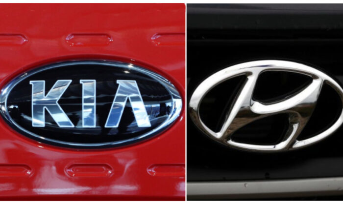 (Left) The logo of Kia Motors in Seoul, South Korea, on Dec. 13, 2017. (AP Photo); (Right) The Hyundai logo displayed on a brand new Hyundai Santa Fe SUV at a Hyundai dealership in Colma, Calif., on April 7, 2017. (Justin Sullivan/Getty Images)
