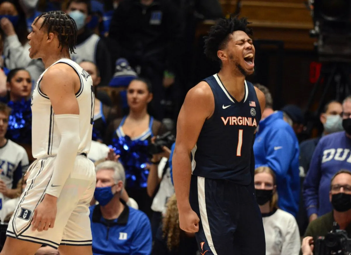 Virginia Cavaliers forward Jayden Gardner (1) reacts after scoring during the second half against the Duke Blue Devils at Cameron Indoor Stadium, in Durham, N.C., on Feb. 7, 2022. (Rob Kinnan/USA TODAY Sports via Field Level Media)