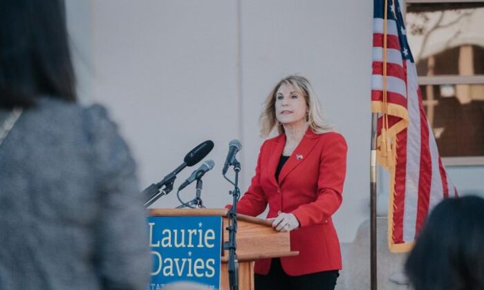 Assemblywoman Laurie Davies (R-Laguna Niguel) introduces AB 1785 during a press conference in San Juan Capistrano, Calif., on Feb. 7, 2022. (Courtesy of Tim Kearns)