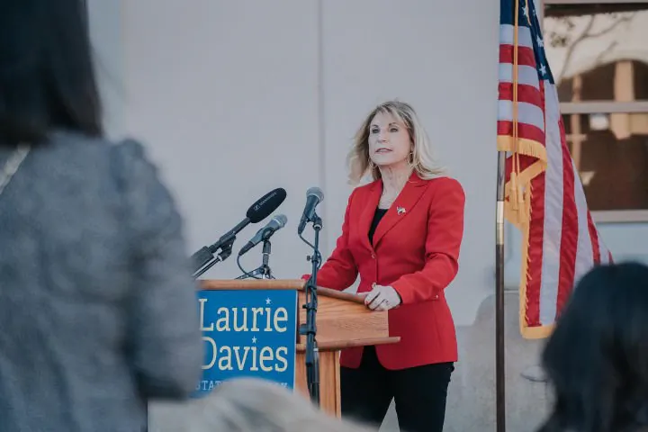Assemblywoman Laurie Davies (R-Laguna Niguel) introduces AB 1785 during a press conference in San Juan Capistrano, Calif., on Feb. 7, 2022. (Courtesy of Tim Kearns)