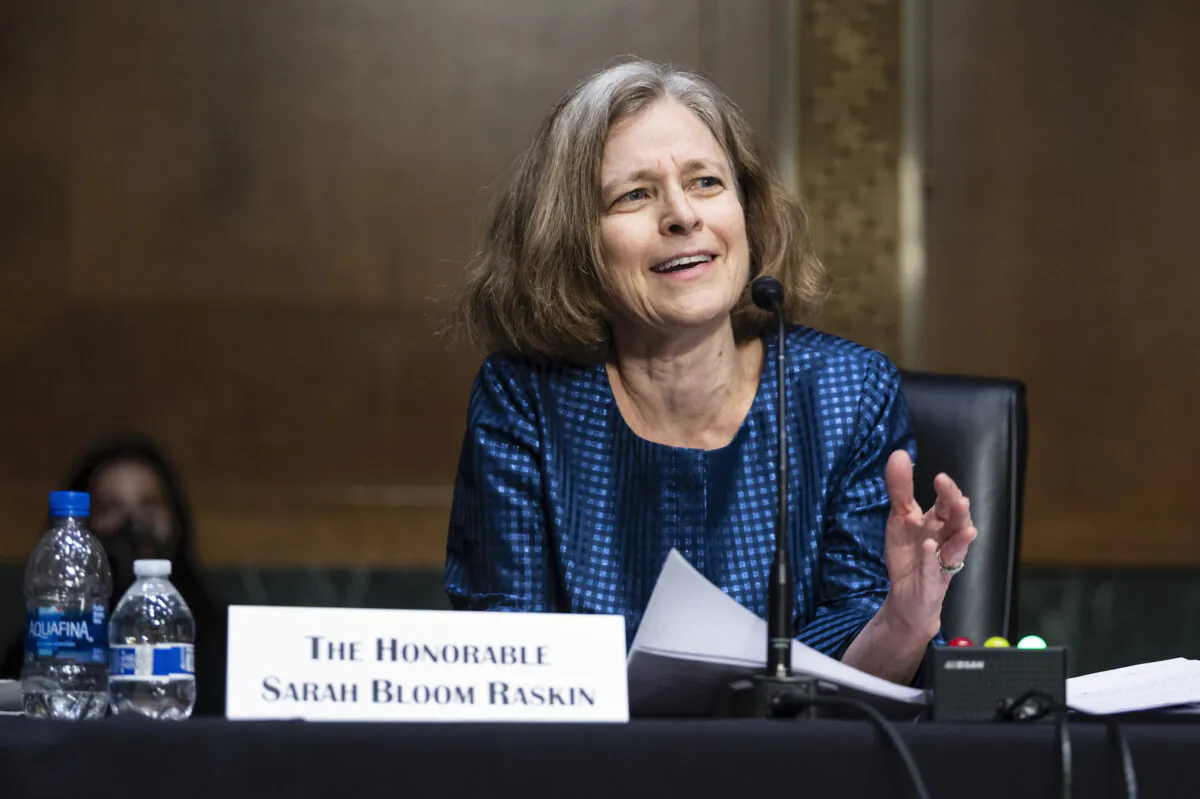 Sarah Bloom Raskin, nominee to be vice chairman for supervision and a member of the Federal Reserve Board of Governors, speaks during the Senate Banking, Housing, and Urban Affairs Committee confirmation hearing in Washington on Feb. 3, 2022. (Bill Clark-Pool/Getty Images)