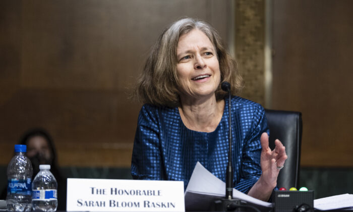 Sarah Bloom Raskin, nominee to be vice chairman for supervision and a member of the Federal Reserve Board of Governors, speaks during the Senate Banking, Housing, and Urban Affairs Committee confirmation hearing in Washington on Feb. 3, 2022. (Bill Clark-Pool/Getty Images)