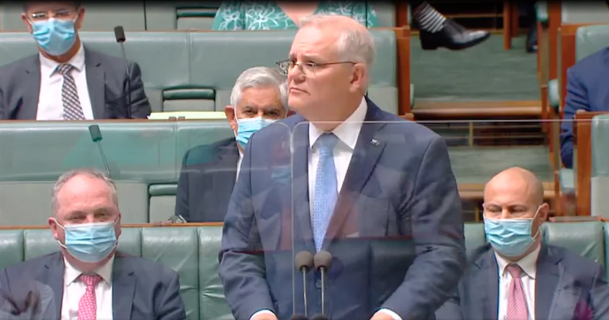 Australian Prime Minister Scott Morrison apologises to abuse victims in the House of Representatives at Parliament House in Canberra, Australia, on Feb. 8, 2022. (Screenshot by The Epoch Times)
