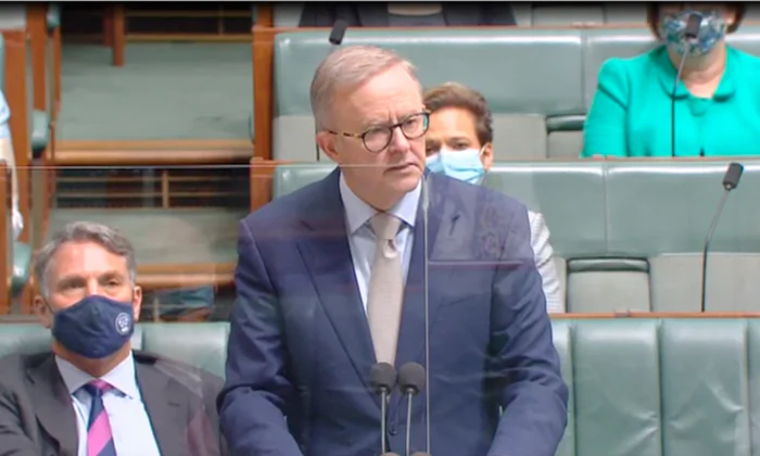 National Opposition Leader Anthony Albanese apologises to abuse victims in the House of Representatives at Parliament House in Canberra, Australia, on Feb. 8, 2022. (Screenshot by The Epoch Times)