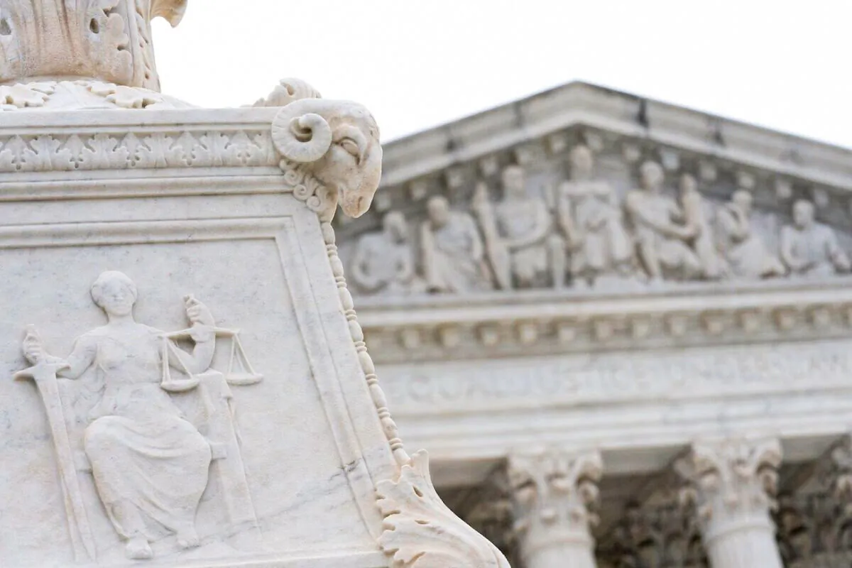 An engraving of the Contemplation of Justice is seen outside the US Supreme Court on Feb. 7, 2022. (Stefani Reynolds/AFP via Getty Images)