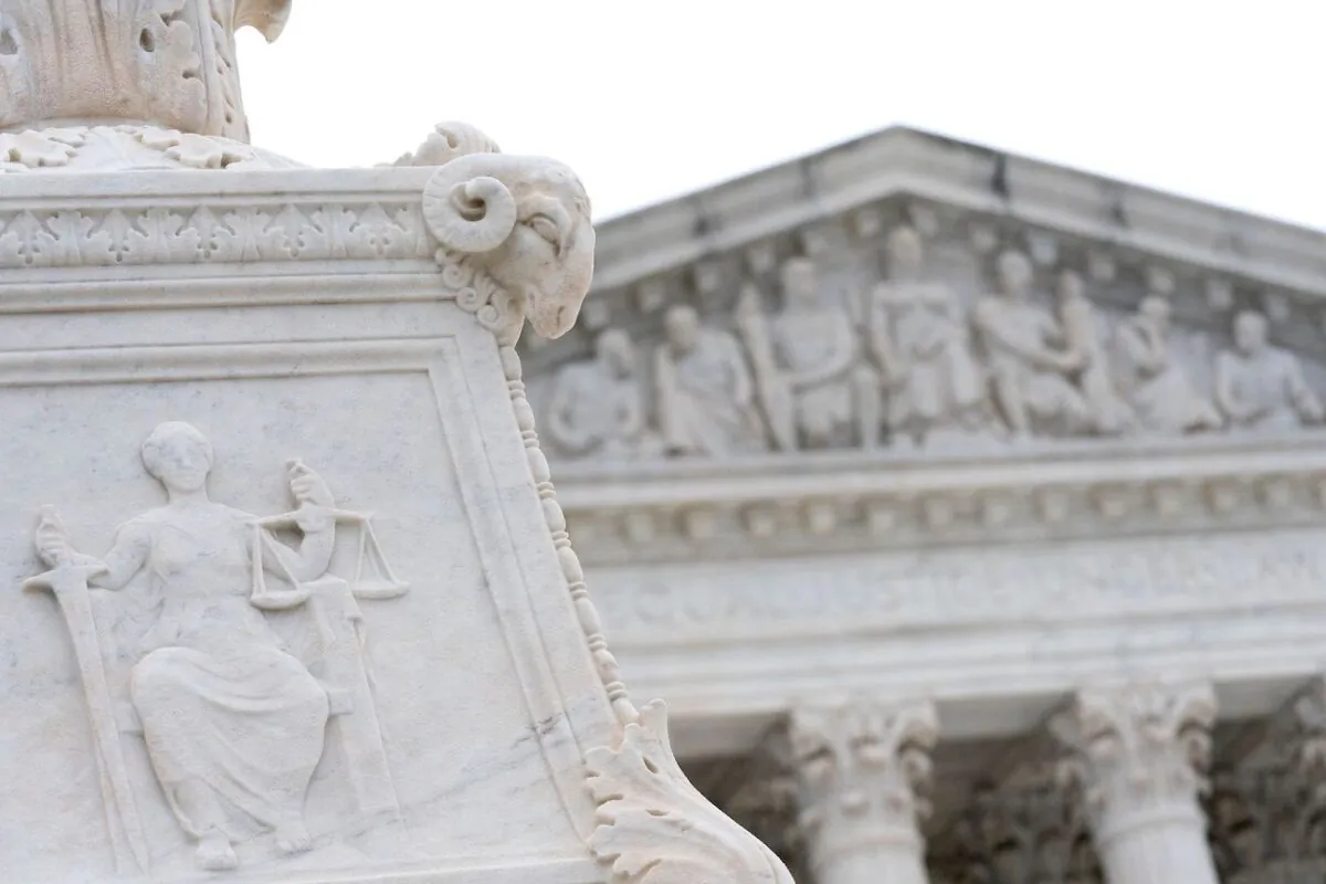 An engraving of the Contemplation of Justice is seen outside the U.S. Supreme Court in Washington, D.C., on Feb. 7, 2022. (Stefani Reynolds/AFP via Getty Images)