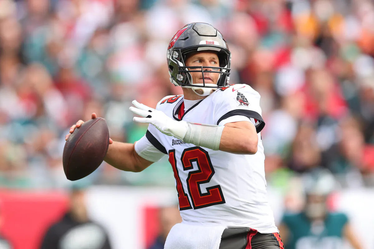 Tom Brady #12 of the Tampa Bay Buccaneers throws a pass against the Philadelphia Eagles in the first half of the NFC Wild Card Playoff game at Raymond James Stadium in Tampa, Fla., on Jan. 16, 2022. (Michael Reaves/Getty Images)