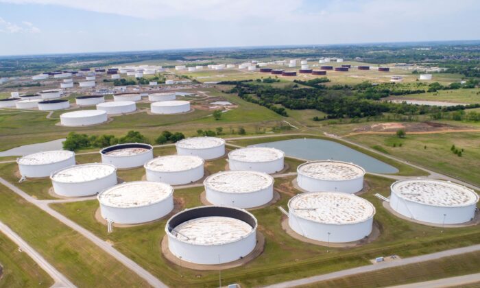 Crude oil storage tanks are seen in an aerial photograph at the Cushing oil hub in Cushing, Okla., on April 21, 2020. (Drone Base/Reuters)