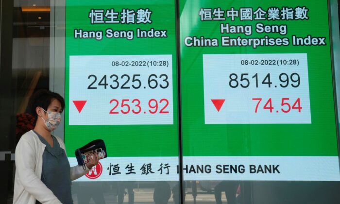 A woman wearing a face mask walks past a bank's electronic board showing the Hong Kong share index in Hong Kong, on Feb. 8, 2022. (Kin Cheung/AP Photo)