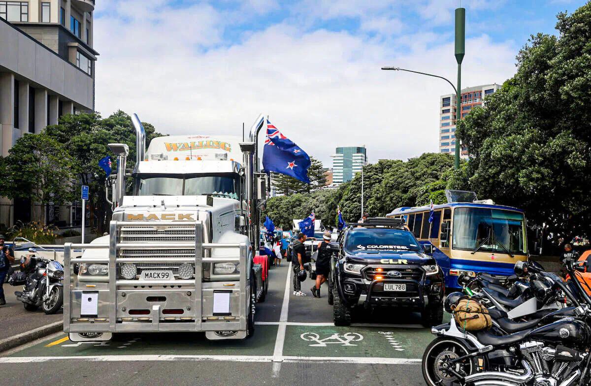 A convoy of trucks and other vehicles sit parked on the streets in front of Parliament during a demonstration against COVID-19 restrictions in Wellington, New Zealand, on Feb. 8, 2022. (Marty Melville/AFP via Getty Images)