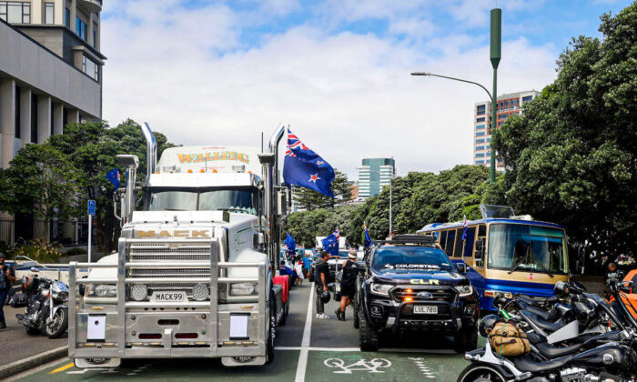 A convoy of trucks and other vehicles sit parked on the streets in front of Parliament during a demonstration against COVID-19 restrictions in Wellington, New Zealand, on Feb. 8, 2022. (Marty Melville/AFP via Getty Images)