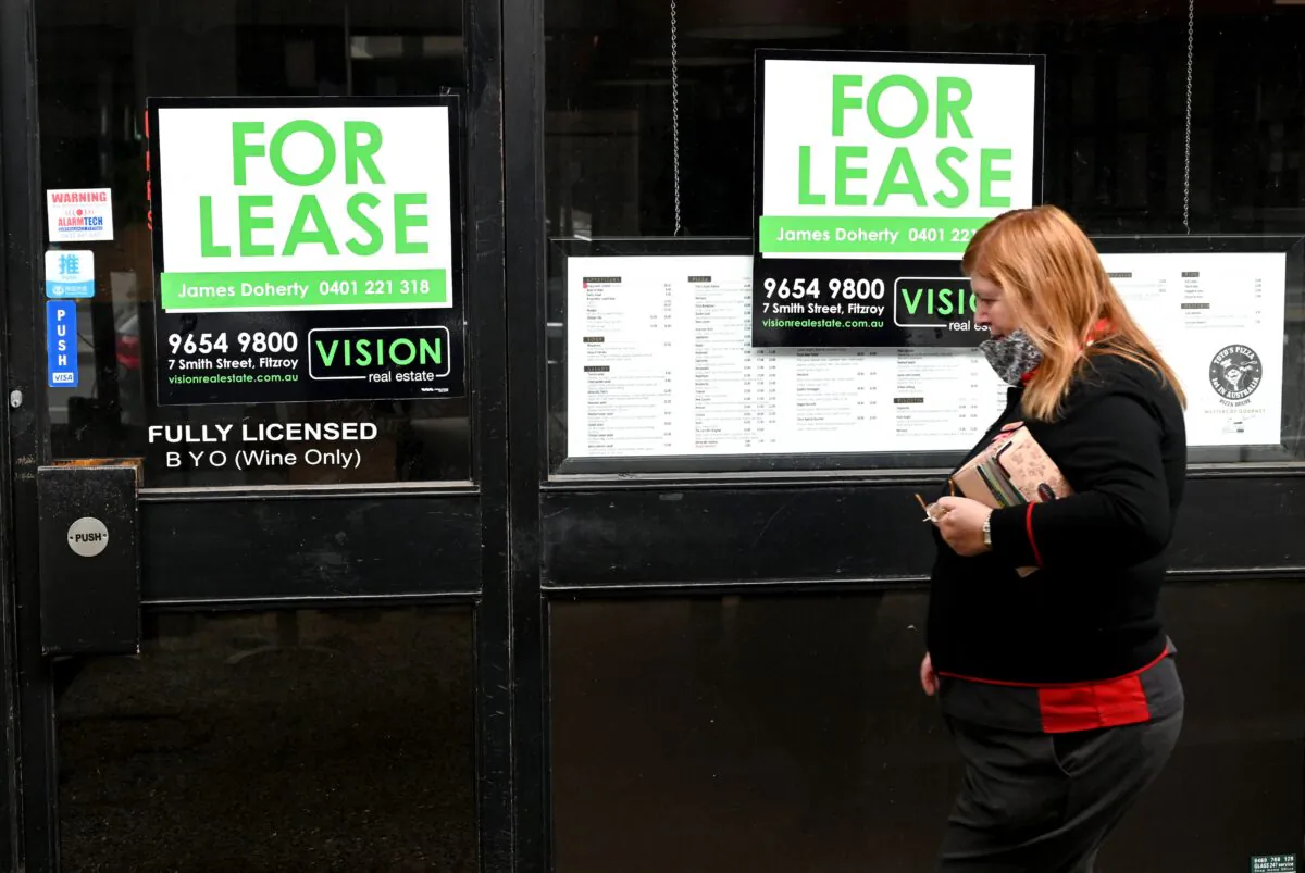 For lease signs are displayed outside a restaurant in Melbourne, on September 7, 2021, (William West/AFP via Getty Images)