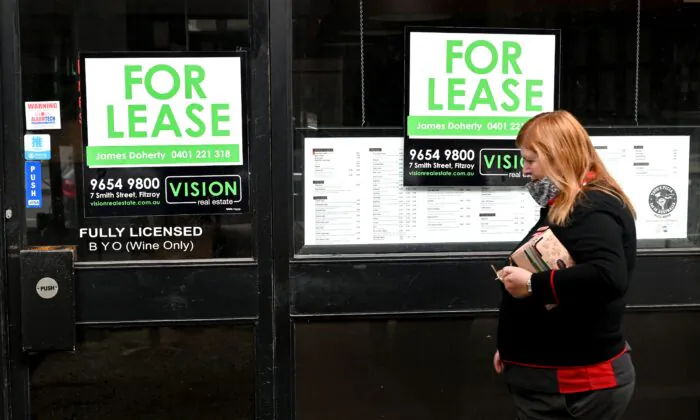 For lease signs are displayed outside a restaurant in Melbourne, on September 7, 2021, (William West/AFP via Getty Images)