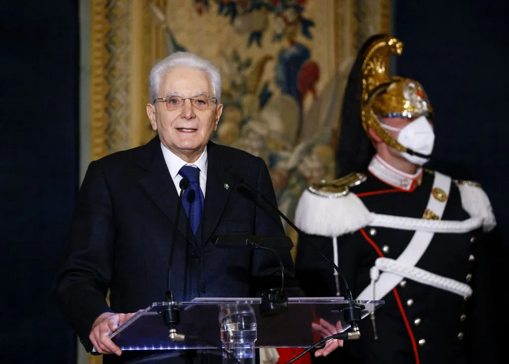 Italian re-elected 13th president Sergio Mattarella gives a speech during an official ceremony at the Quirinale palace after his swearing-in ceremony at the parliament in Rome, Italy, on Feb. 3, 2022. (Guglielmo Mangiapane/Pool/AFP via Getty Images)