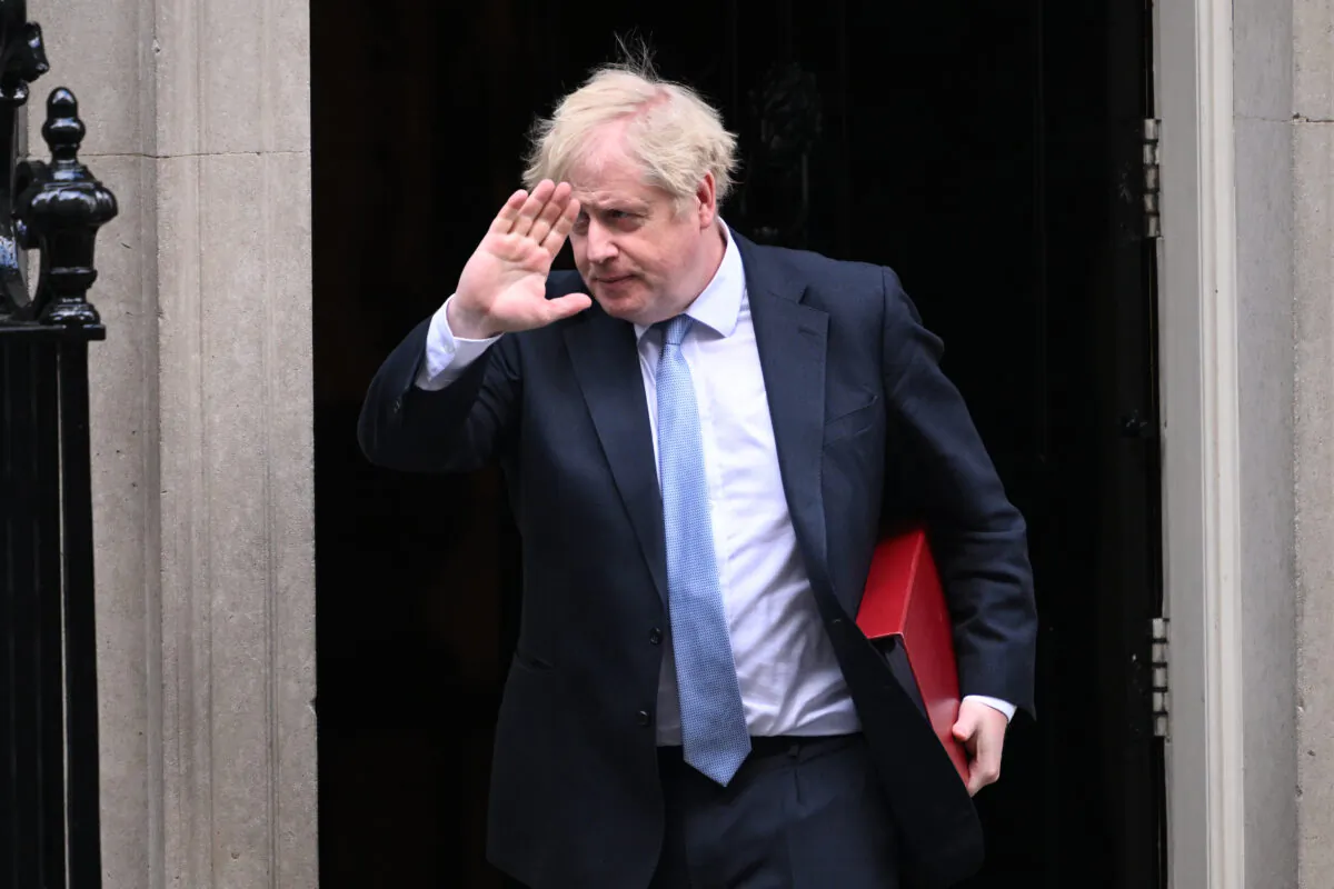 British Prime Minister Boris Johnson leaves Downing Street ahead of Prime Minister's Questions in London on Feb. 9, 2022. (Leon Neal/Getty Images)