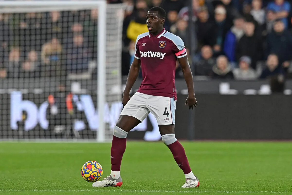 West Ham United's French defender Kurt Zouma controls the ball during the English Premier League football match between West Ham and Watford at the London Stadium, in London, on Feb. 8, 2022. (Glyn Kirk/AFP via Getty Images)