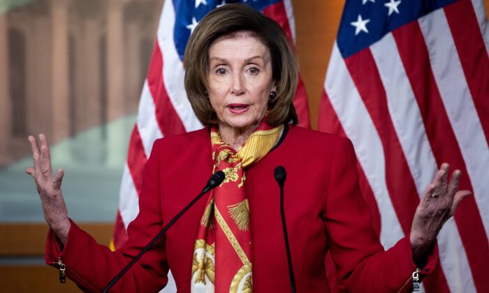 House Speaker Nancy Pelosi (D-Calif.) speaks to reporters on Capitol Hill in Washington on Feb. 9, 2022. (Saul Loeb/AFP via Getty Images)