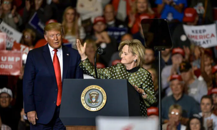 Sen. Cindy Hyde-Smith (R-Miss.) speaks alongside President Donald Trump during a "Keep America Great" campaign rally at BancorpSouth Arena on November 1, 2019 in Tupelo, Mississippi. Trump is campaigning in Mississippi ahead of a state gubernatorial election where Republican Tate Reeves is in a close race with Democrat Jim Hood. Reeves won the election. (Photo by Brandon Dill/Getty Images)