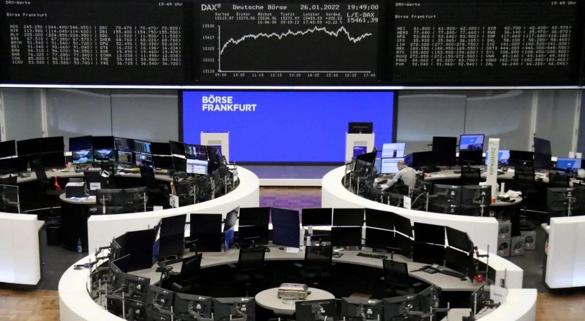 The German share price index DAX graph is pictured at the stock exchange in Frankfurt, Germany, on Jan. 26, 2022. (Staff/Reuters)