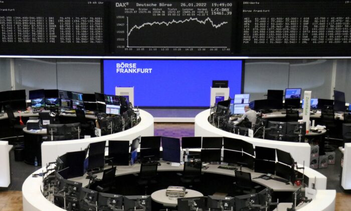 The German share price index DAX graph is pictured at the stock exchange in Frankfurt, Germany, on Jan. 26, 2022. (Staff/Reuters)