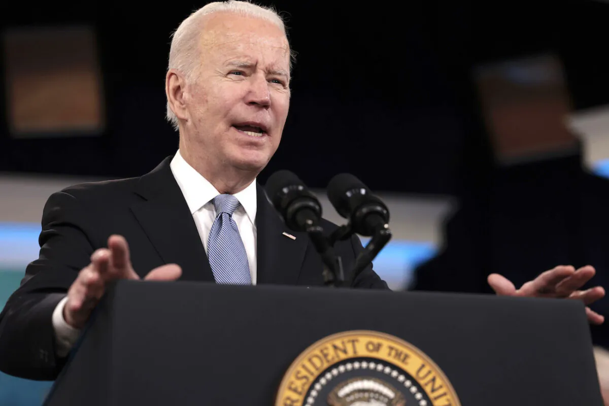 President Joe Biden at the Eisenhower Executive Office Building in Washington, on Feb. 8, 2022. (Anna Moneymaker/Getty Images)
