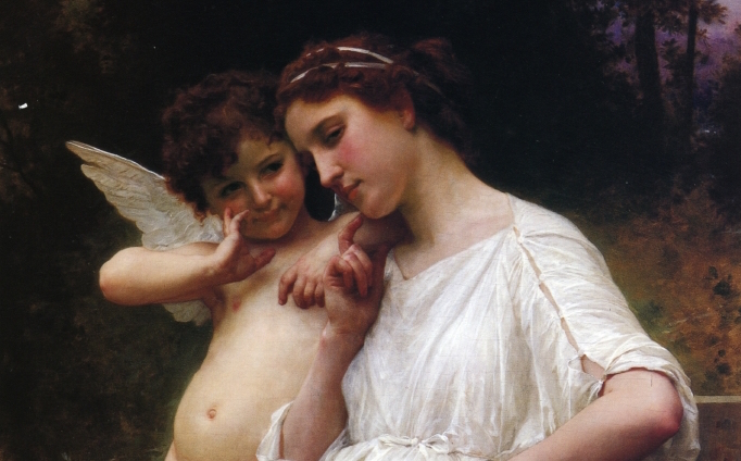 Detail, "Love's Secrets," 1896, by William-Adolphe Bouguereau. Oil on canvas; 51.25 inches x 36 inches. (Public domain)
