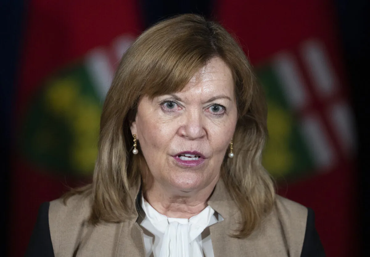 Christine Elliott, Ontario's Deputy Premier and Minister of Health, speaks regarding the easing of restrictions during the COVID-19 pandemic in Toronto on Jan. 20, 2022. (The Canadian Press/Nathan Denette)