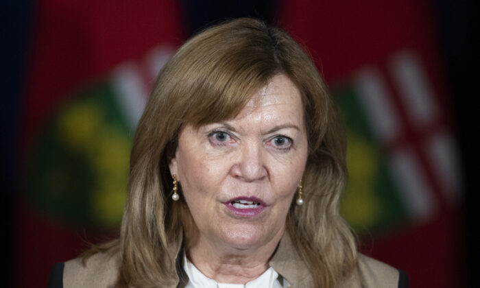 Christine Elliott, Ontario's Deputy Premier and Minister of Health, speaks regarding the easing of restrictions during the COVID-19 pandemic in Toronto on Jan. 20, 2022. (The Canadian Press/Nathan Denette)