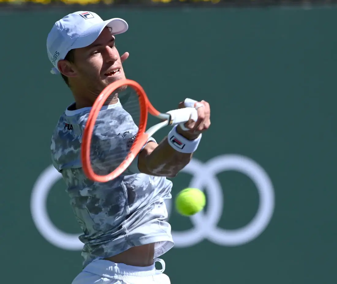 Diego Schwartzman (ARG) hits a shot against Cameron Norrie (GBR) in their quarterfinal match during the BNP Paribas Open at the Indian Wells Tennis Garden in Indian Wells, Calif., on Oct. 14, 2021. (Jayne Kamin-Oncea/USA TODAY Sports via Field Level Media)