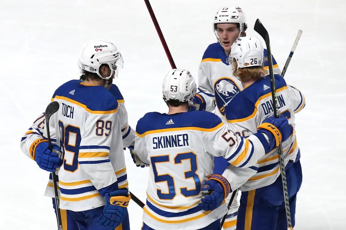 Buffalo Sabres left wing Jeff Skinner (53) celebrates his goal against Montreal Canadiens with teammates during the second period at Bell Centre in Montreal, Quebec, Canada, on Feb. 13, 2022. (Jean-Yves Ahern/USA TODAY Sports via Field Level Media)
