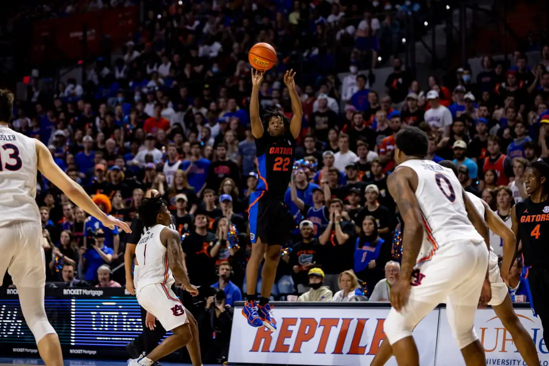 Florida Gators guard Tyree Appleby (22) makes a three pointer during the second half against the Auburn Tigers at Billy Donovan Court at Exactech Arena in Gainesville, Fla., on Feb. 19, 2022. (Matt Pendleton/USA TODAY Sports via Field Level Media)