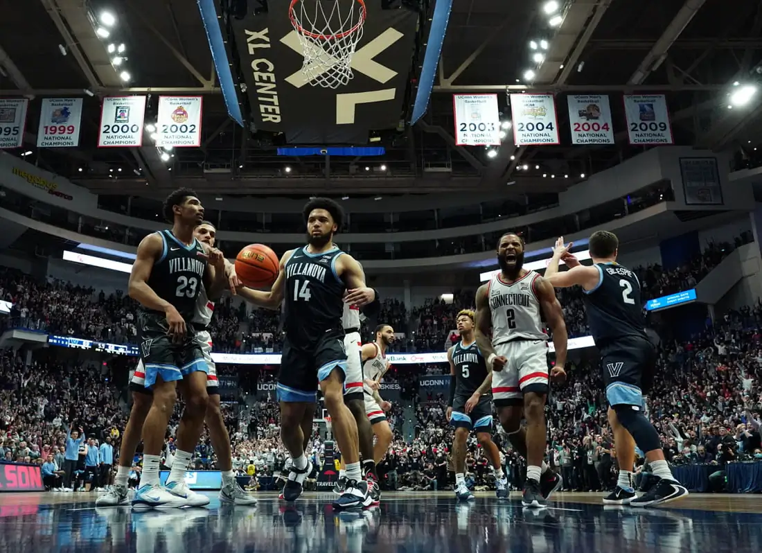 Connecticut Huskies guard R.J. Cole (2) reacts after his go ahead basket in the last seconds of play against the Villanova Wildcats in the second half at XL Center in Hartford, Conn., on Feb 22, 2022. (David Butler II/USA TODAY Sports via Field Level Media)