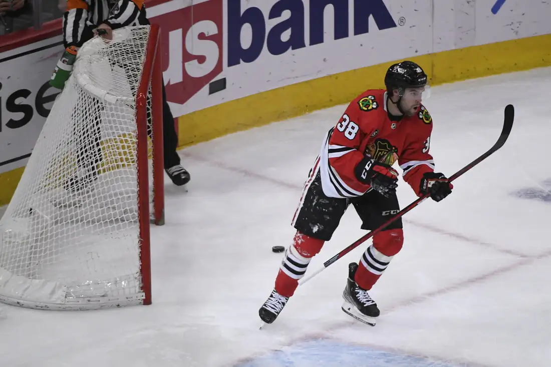 Chicago Blackhawks left wing Brandon Hagel (38) after he scores a hat trick past New Jersey Devils defenseman P.K. Subban (76) during the third period at the United Center in Chicago on Feb 25, 2022. (Matt Marton/USA TODAY Sports via Field Level Media)