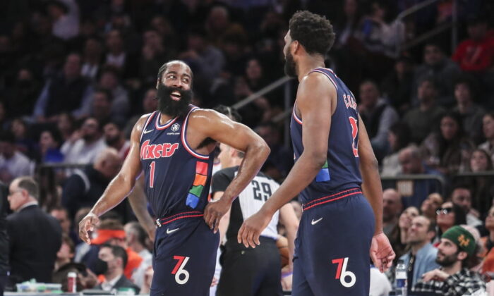Philadelphia 76ers guard James Harden (1) and center Joel Embiid (21) check back into the game in the second quarter against the New York Knicks at Madison Square Garden, in New York, on Feb 27, 2022. (Wendell Cruz/ USA TODAY Sports via Field Level Media)