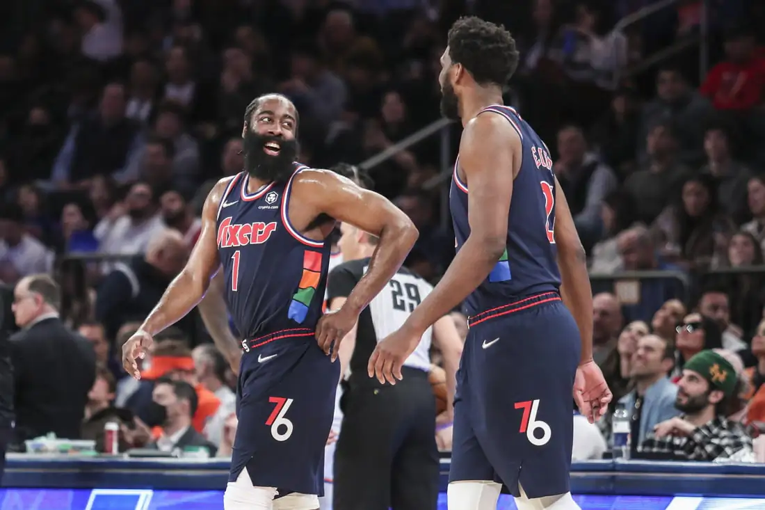 Philadelphia 76ers guard James Harden (1) and center Joel Embiid (21) check back into the game in the second quarter against the New York Knicks at Madison Square Garden, in New York, on Feb 27, 2022. (Wendell Cruz/ USA TODAY Sports via Field Level Media)