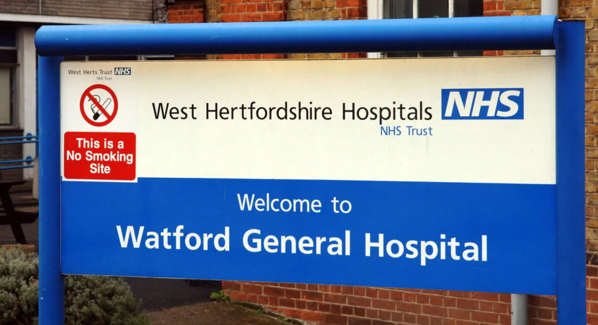 This undated file image shows the sign outside Watford General Hospital in Watford, Hertfordshire, England. (PA)