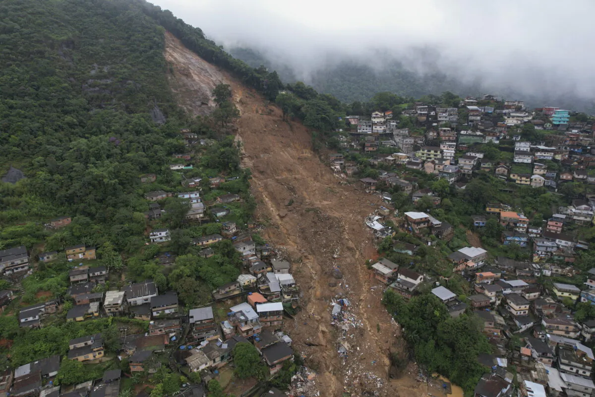 An aerial view shows neighborhood affected by landslides in Petropolis, Brazil, on Feb. 16, 2022. (Silvia Izquierdo/AP Photo)