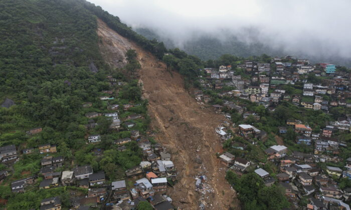 An aerial view shows neighborhood affected by landslides in Petropolis, Brazil, on Feb. 16, 2022. (Silvia Izquierdo/AP Photo)