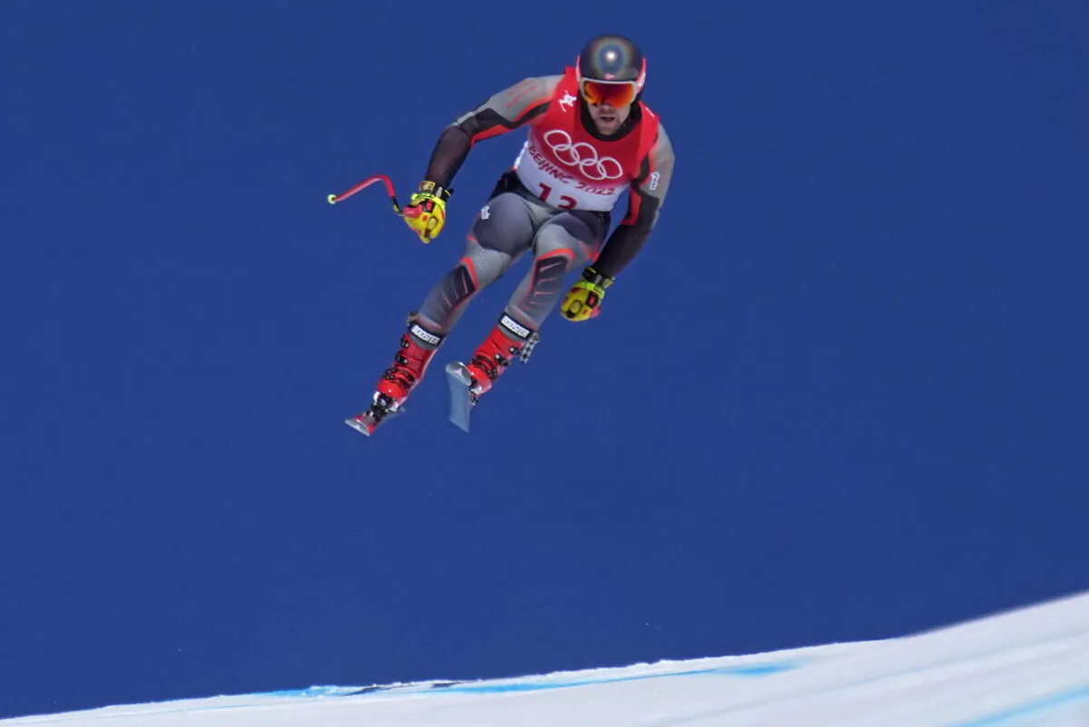 Aleksander Aamodt Kilde of Norway makes a jump during a men's downhill training run at the 2022 Winter Olympics in the Yanqing district of Beijing. on Feb. 3, 2022. (Robert F. Bukaty/AP Photo)