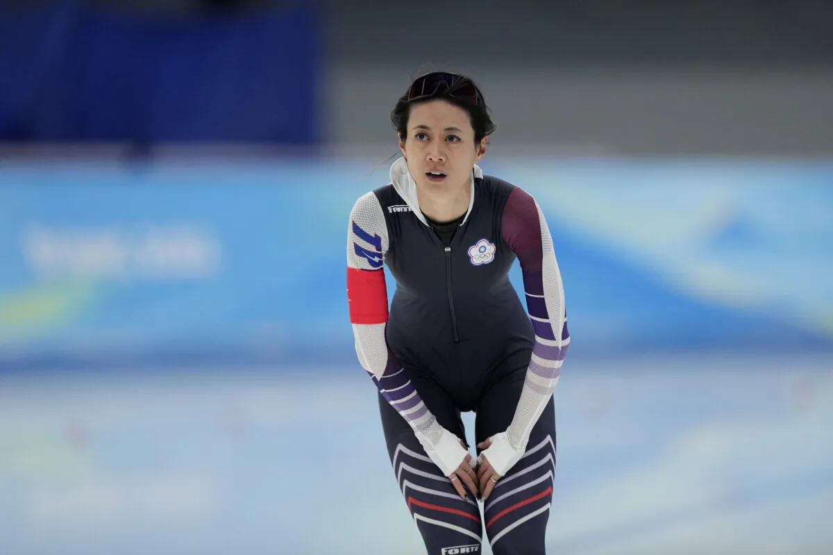 Huang Yu-ting of Taiwan reacts after her heat in the speed skating women's 500-meter race at the 2022 Winter Olympics in Beijing on Feb. 13, 2022. (Ashley Landis/AP Photo)