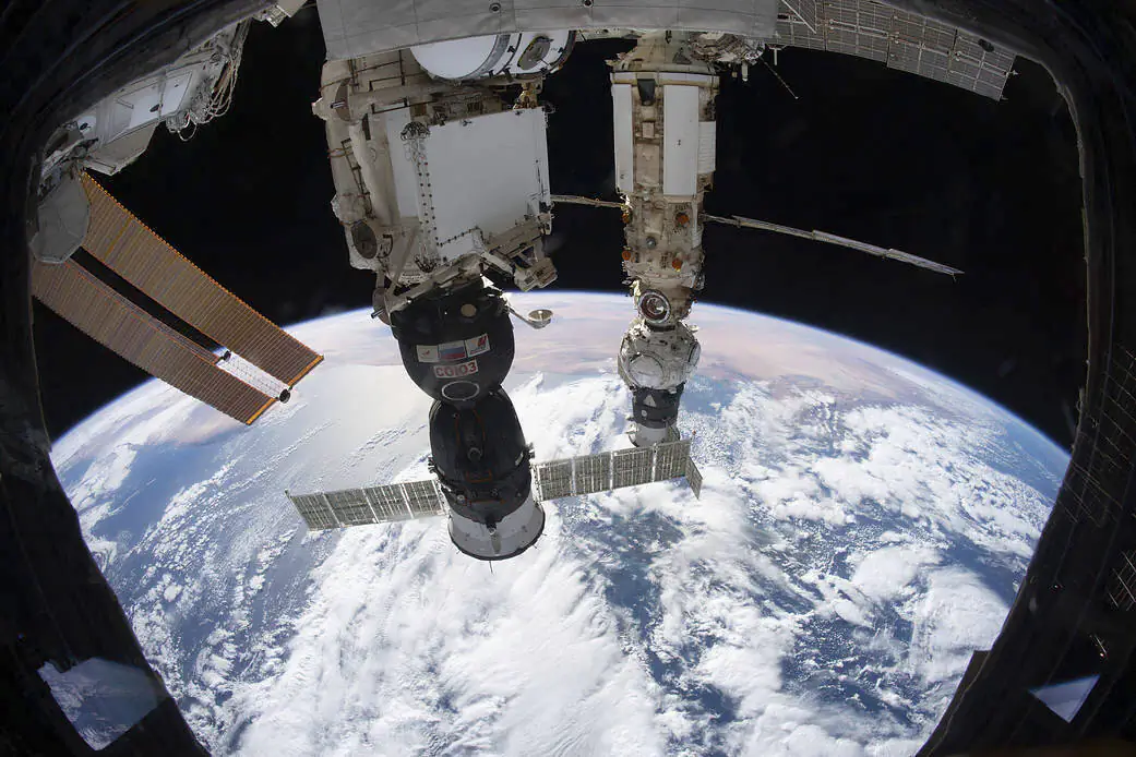 The International Space Station orbited 264 miles above the Tyrrhenian Sea with the Soyuz MS-19 crew ship docked to the Rassvet module and the Prichal module, still attached to the Progress delivery craft, docked to the Nauka multipurpose module on Dec. 6, 2021. (NASA via AP)