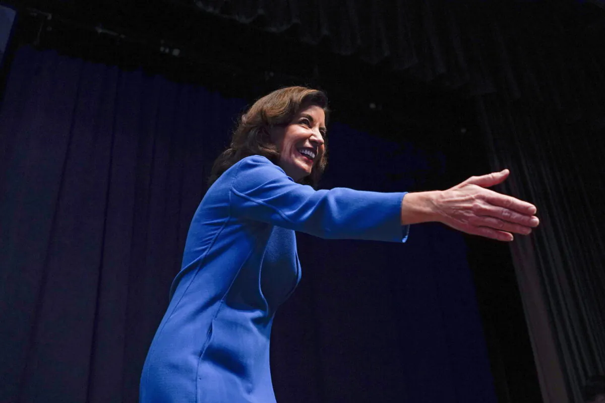 New York Gov. Kathy Hochul greets supporters during the New York State Democratic Convention in New York City on Feb. 17, 2022. (Seth Wenig/AP Photo)