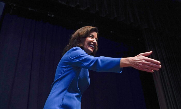 New York Gov. Kathy Hochul greets supporters during the New York State Democratic Convention in New York City on Feb. 17, 2022. (Seth Wenig/AP Photo)