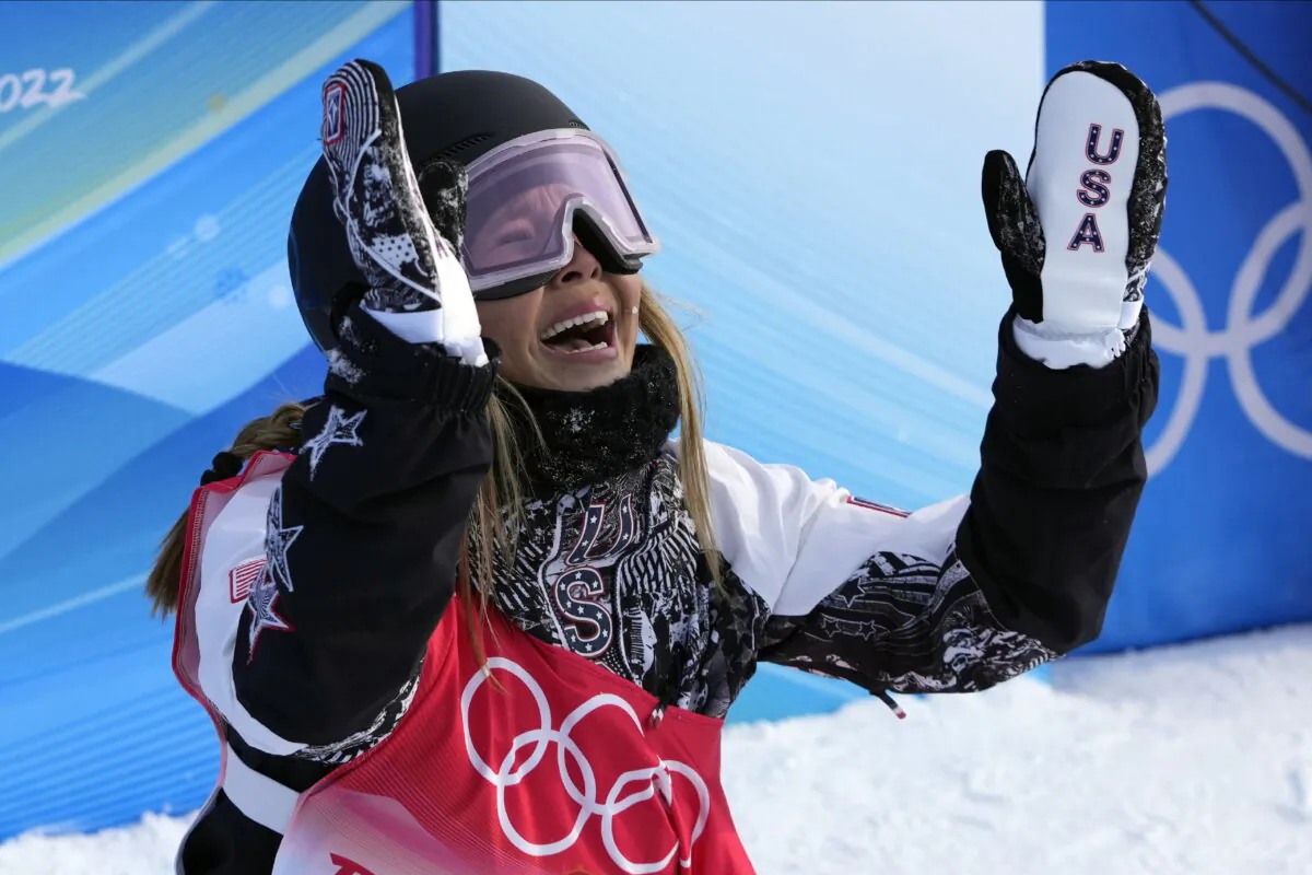 Chloe Kim of the United States reacts during the women's halfpipe finals at the 2022 Winter Olympics in Zhangjiakou, China, on Feb. 10, 2022. (Lee Jin-man/AP Photo)