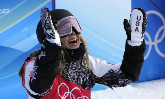 Chloe Kim of the United States reacts during the women's halfpipe finals at the 2022 Winter Olympics in Zhangjiakou, China, on Feb. 10, 2022. (Lee Jin-man/AP Photo)
