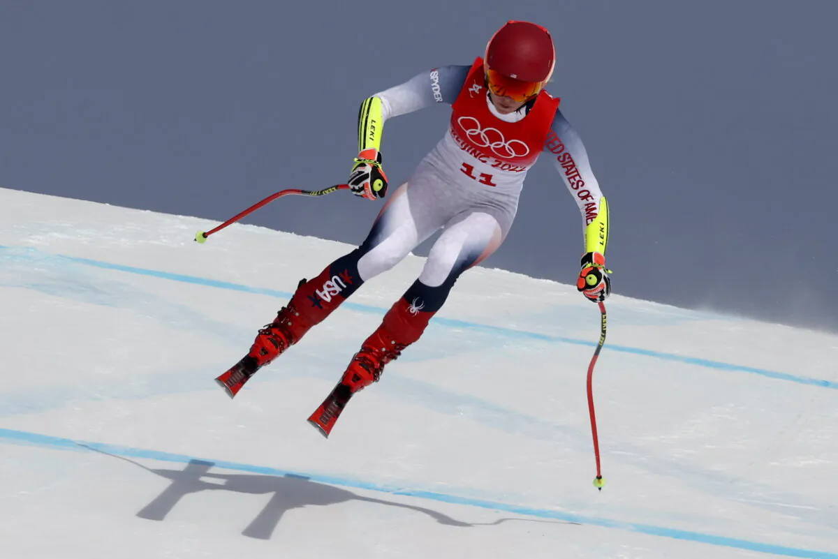 Mikaela Shiffrin of United States makes a jump during the women's super-G at the 2022 Winter Olympics in the Yanqing district of Beijing on Feb. 11, 2022. (Alessandro Trovati/AP Photo)