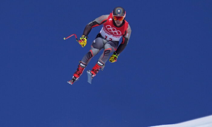 Aleksander Aamodt Kilde of Norway makes a jump during a men's downhill training run at the 2022 Winter Olympics in the Yanqing district of Beijing. on Feb. 3, 2022. (Robert F. Bukaty/AP Photo)