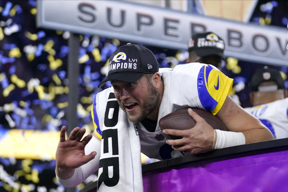 Los Angeles Rams quarterback Matthew Stafford celebrates after the Rams defeated the Cincinnati Bengals in the NFL Super Bowl 56 football game in Inglewood, Calif., on Feb. 13, 2022. (Marcio Jose Sanchez/AP Photo)