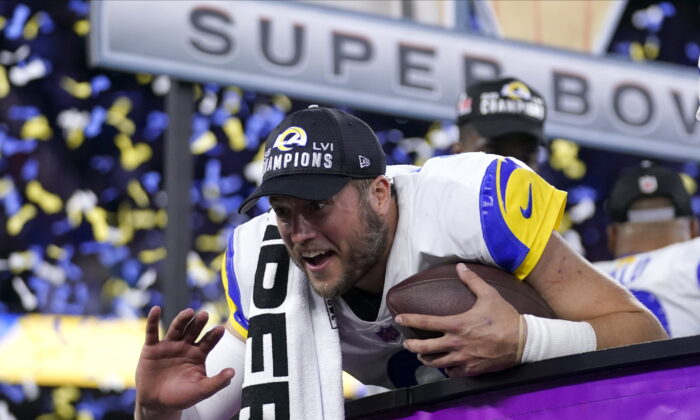 Los Angeles Rams quarterback Matthew Stafford celebrates after the Rams defeated the Cincinnati Bengals in the NFL Super Bowl 56 football game in Inglewood, Calif., on Feb. 13, 2022. (Marcio Jose Sanchez/AP Photo)