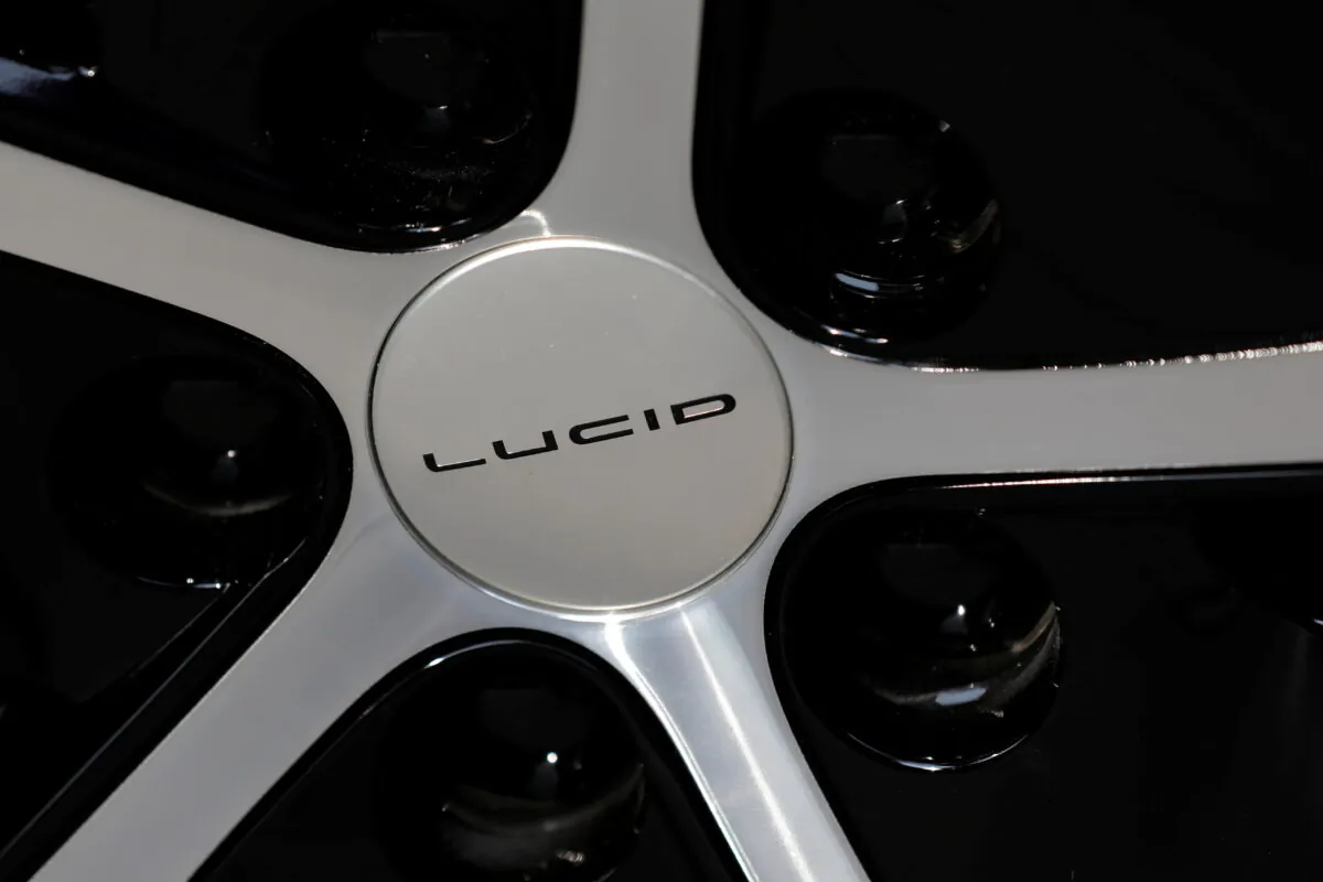 A logo is seen on the wheel of a Lucid Air Dream Edition in New York on July 26, 2021. (Andrew Kelly/Reuters)